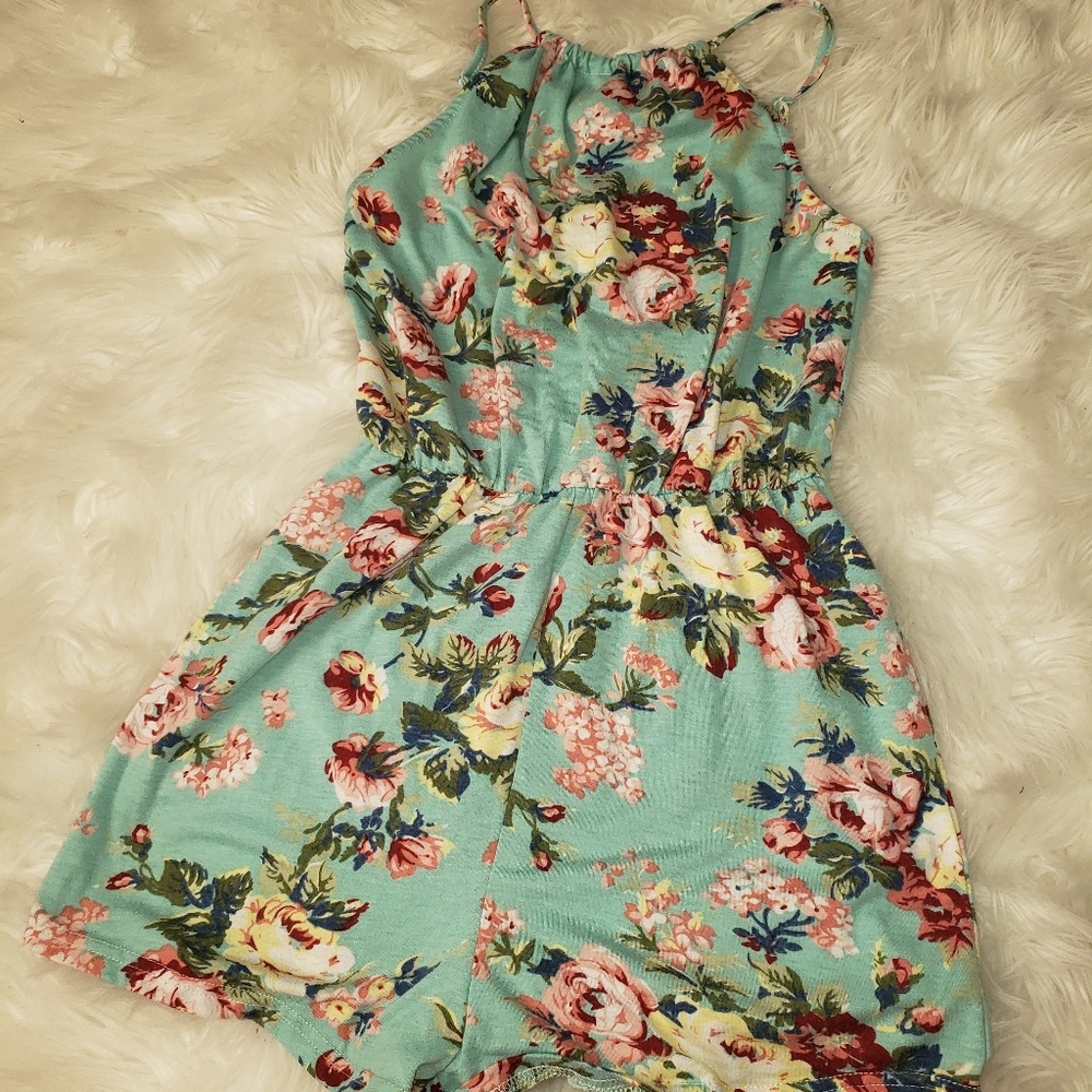 Turquoise floral print romper